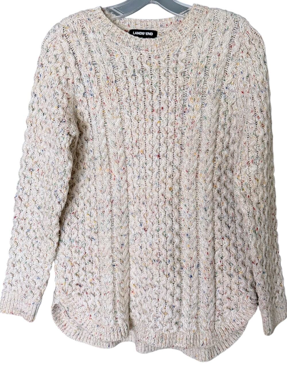 Lands’ End Confetti Cable-Knit Pullover Sweater Women’s S Beige Crew Neck Fall